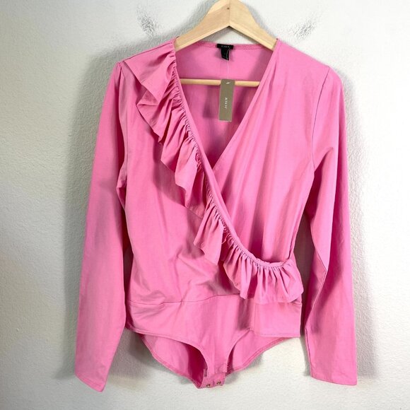 NEW J Crew Womens Large Bodysuit Pink Ruffle Wrap Long Sleeve Stretch Top Shirt - Picture 1 of 9